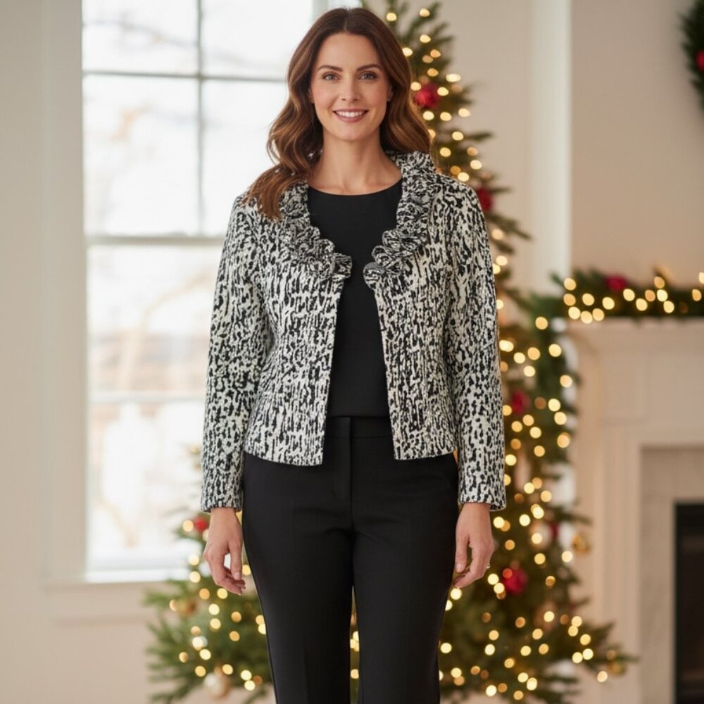 Danny & Nicole Black White Ruffle Trim Cropped Jacket 6 Petite